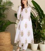 White printed cotton kurta trouser set