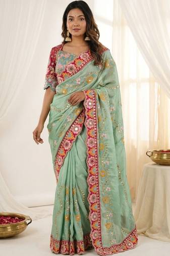 Sea green floral embroidered silk blend designer saree