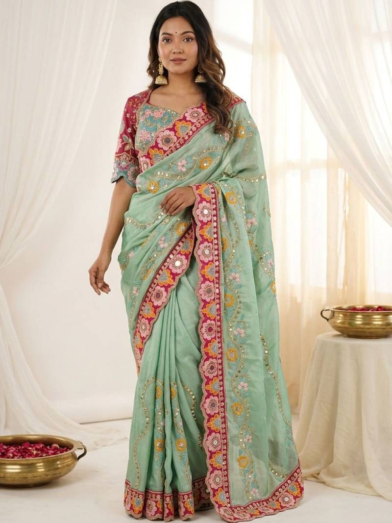 Sea green floral embroidered silk blend designer saree