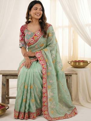 Sea green floral embroidered silk blend designer saree 2