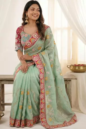 Sea green floral embroidered silk blend designer saree