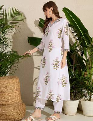 White printed cotton kurta trouser set 4