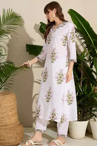 White printed cotton kurta trouser set