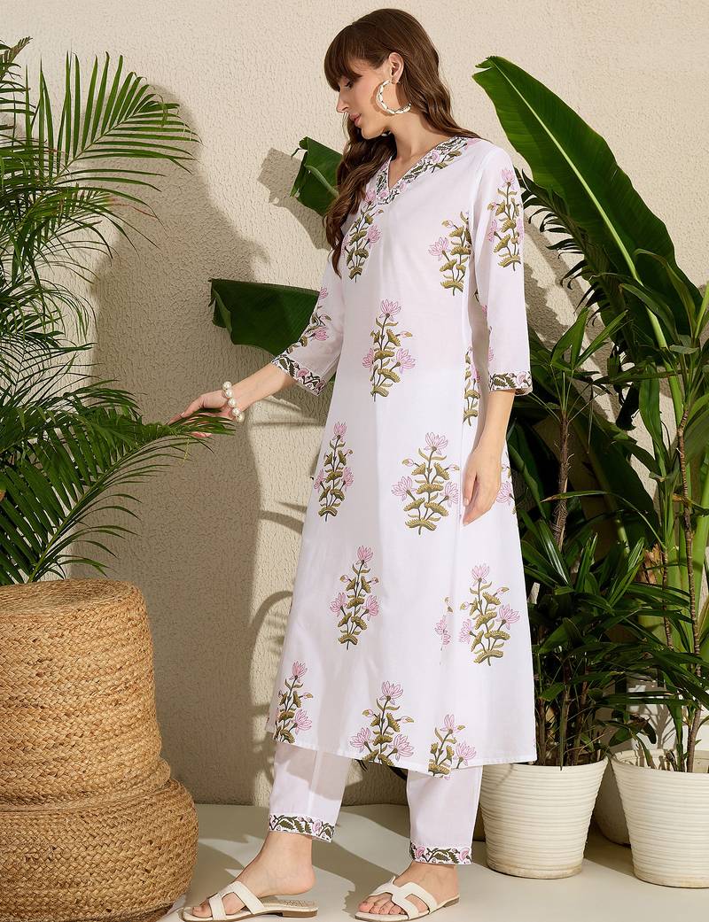 White printed cotton kurta trouser set