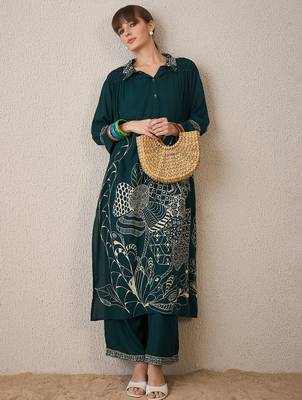 Green printed viscose rayon kurta trouser set 1