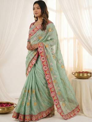 Sea green floral embroidered silk blend designer saree 3
