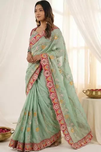 Sea green floral embroidered silk blend designer saree