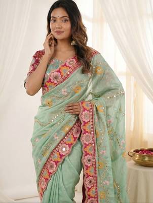 Sea green floral embroidered silk blend designer saree 4