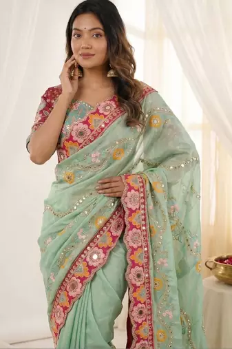 Sea green floral embroidered silk blend designer saree