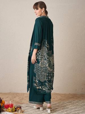 Green printed viscose rayon kurta trouser set 2
