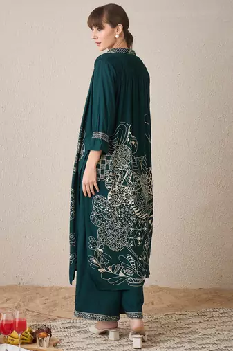 Green printed viscose rayon kurta trouser set