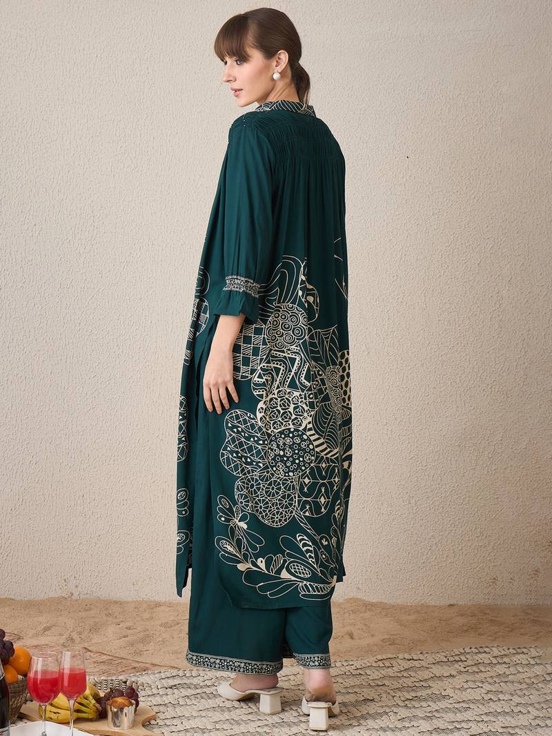 Green printed viscose rayon kurta trouser set