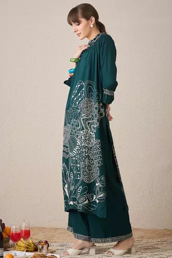 Green printed viscose rayon kurta trouser set