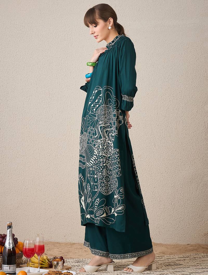 Green printed viscose rayon kurta trouser set