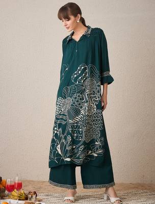 Green printed viscose rayon kurta trouser set 4