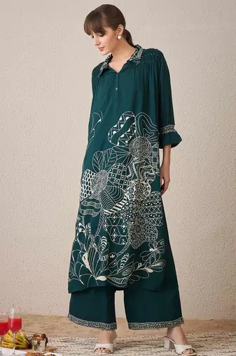 Green printed viscose rayon kurta trouser set
