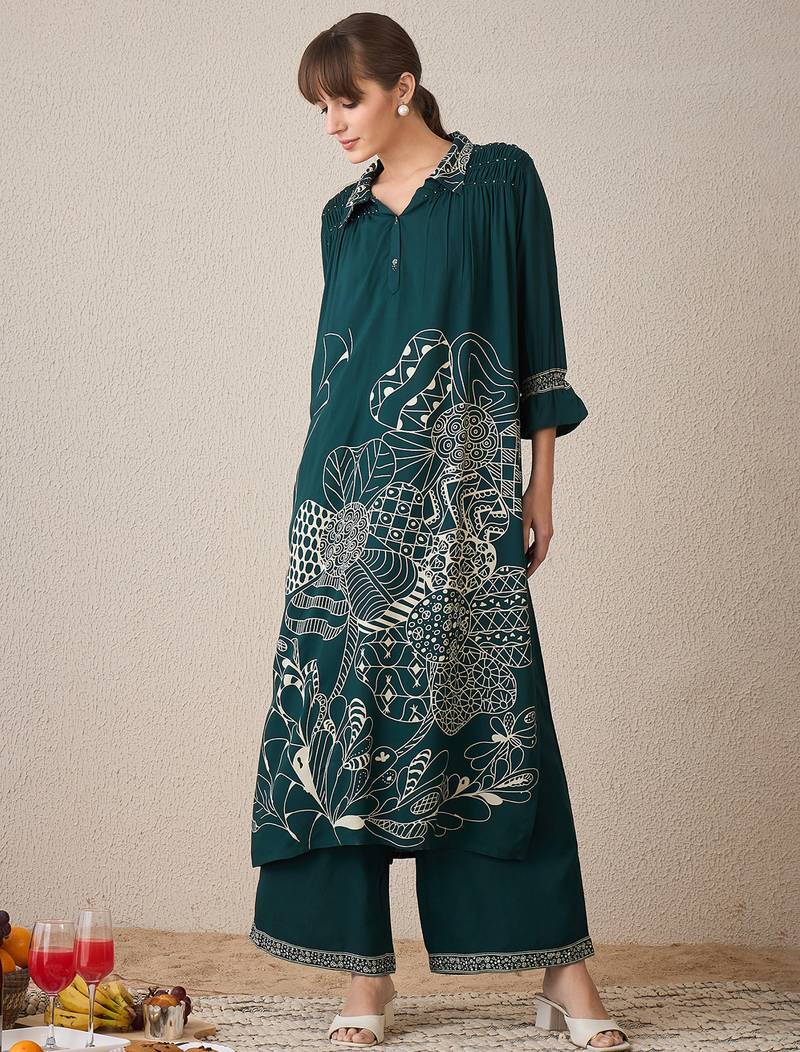 Green printed viscose rayon kurta trouser set