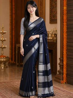 Navy blue zari  cotton kanjeevaram saree 1