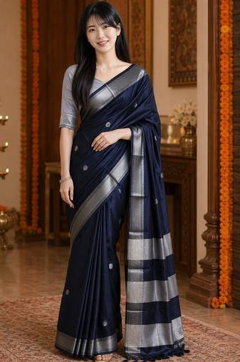 Navy blue zari  cotton kanjeevaram saree