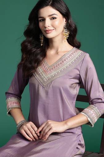 Lavender embroidered silk kurta trouser set