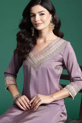 Lavender embroidered silk kurta trouser set