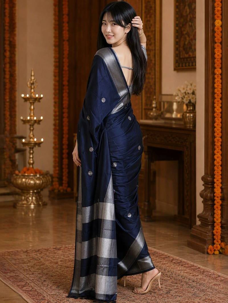 Navy blue zari  cotton kanjeevaram saree