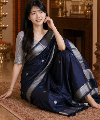 Navy blue zari  cotton kanjeevaram saree 4