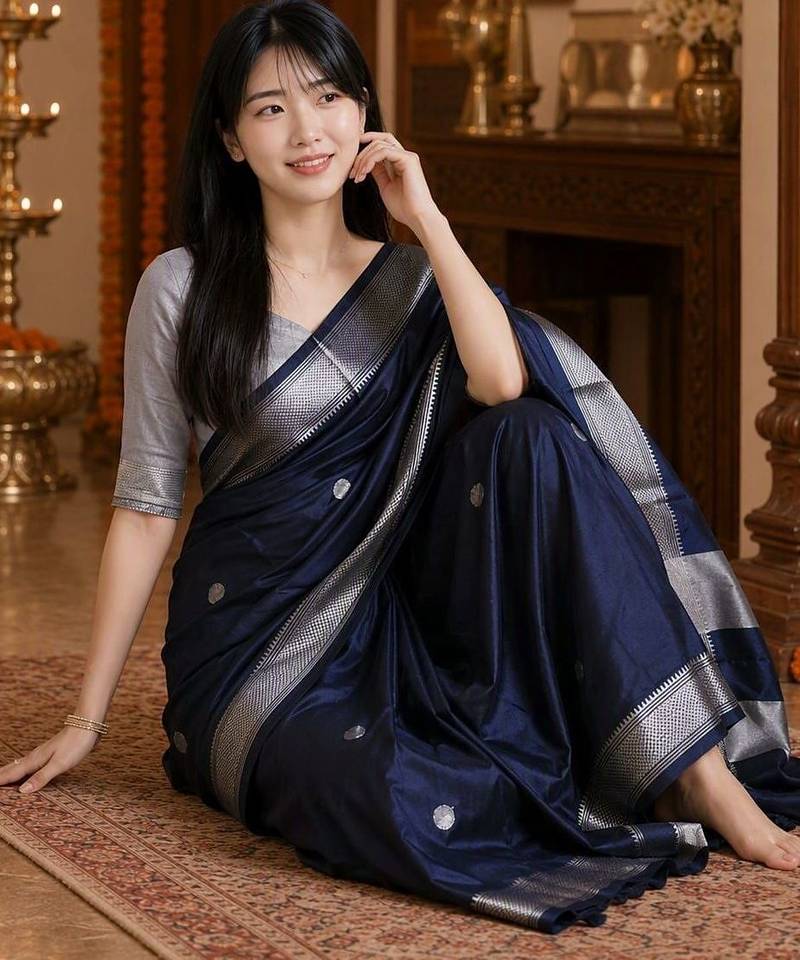 Navy blue zari  cotton kanjeevaram saree