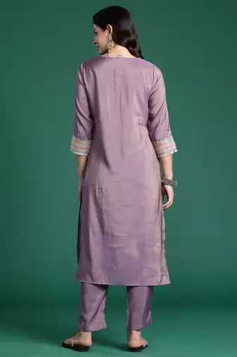 Lavender embroidered silk kurta trouser set