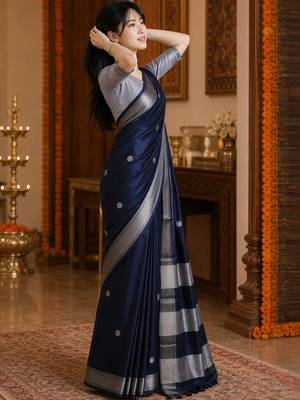 Navy blue zari  cotton kanjeevaram saree 5