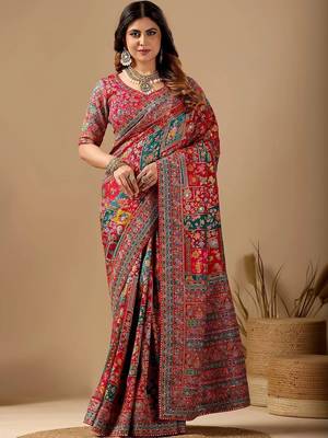 Red paisley embroidered silk blend designer banarasi saree 1