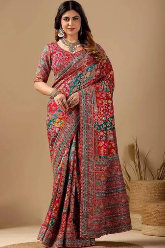 Red paisley embroidered silk blend designer banarasi saree