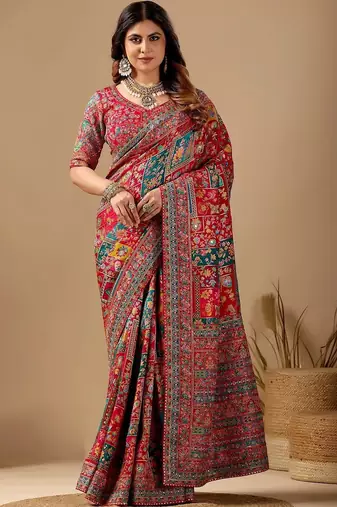 Red paisley embroidered silk blend designer banarasi saree