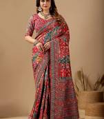 Red paisley embroidered silk blend designer banarasi saree