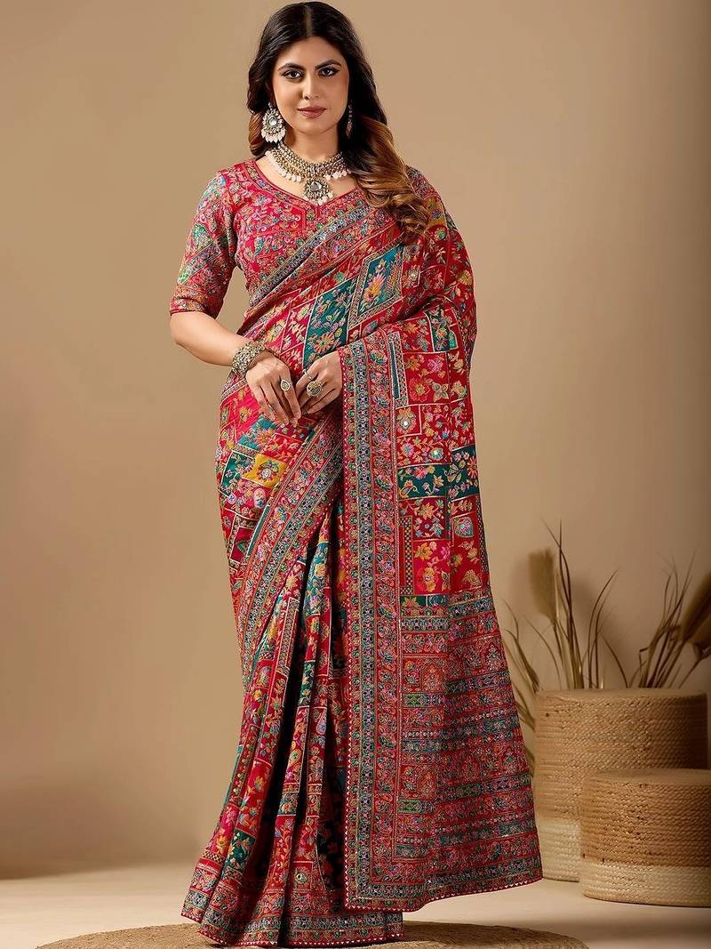 Red paisley embroidered silk blend designer banarasi saree