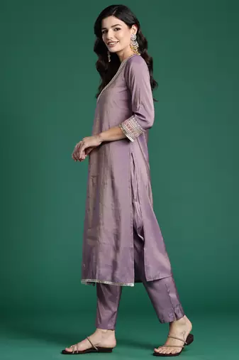 Lavender embroidered silk kurta trouser set