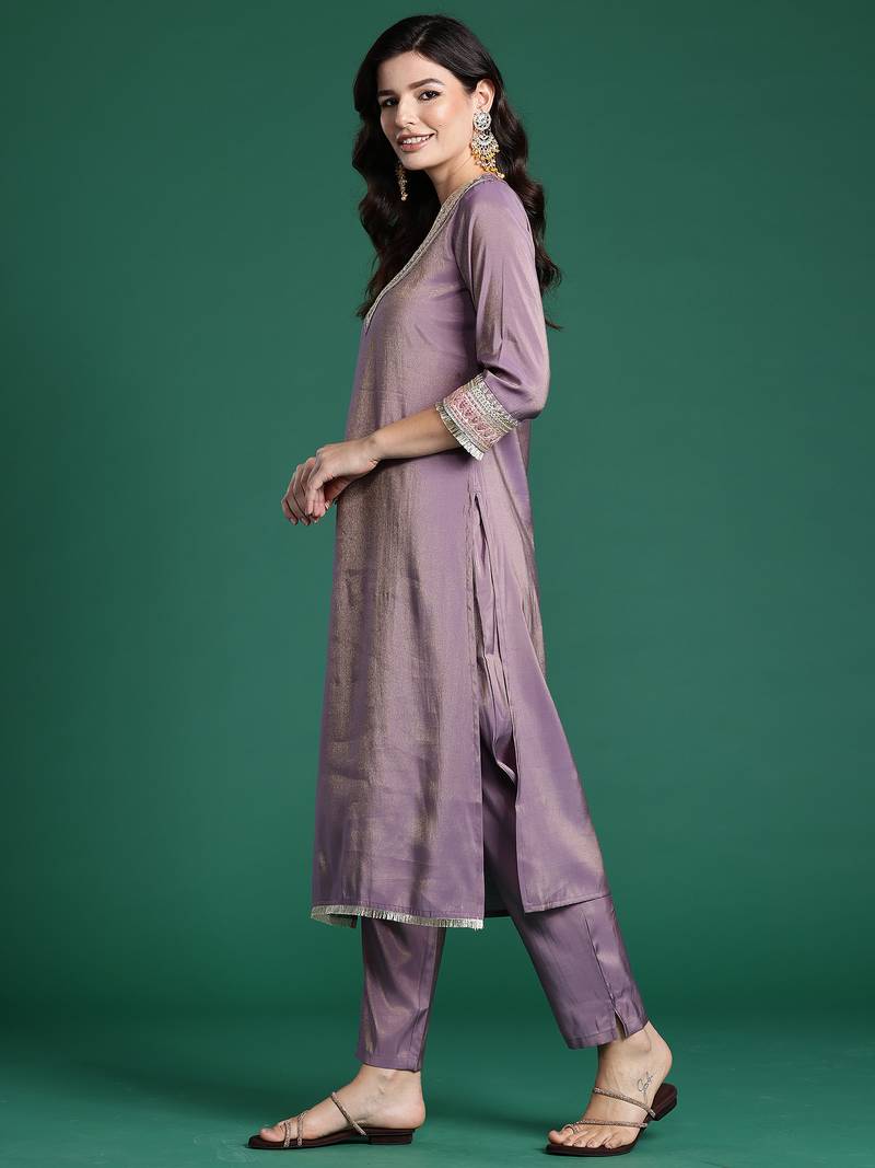 Lavender embroidered silk kurta trouser set