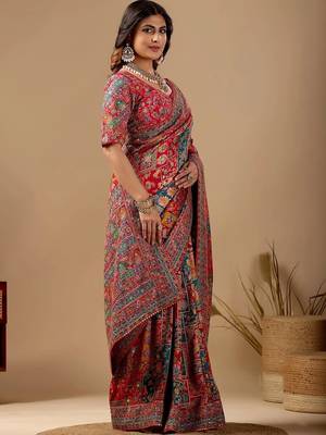Red paisley embroidered silk blend designer banarasi saree 2