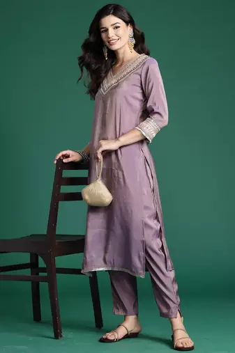 Lavender embroidered silk kurta trouser set
