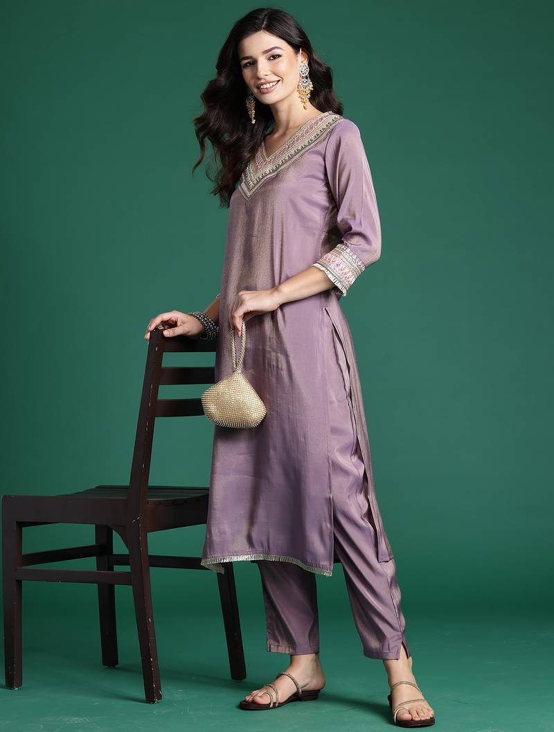 Lavender embroidered silk kurta trouser set