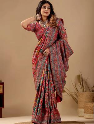 Red paisley embroidered silk blend designer banarasi saree 3
