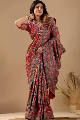 Red paisley embroidered silk blend designer banarasi saree