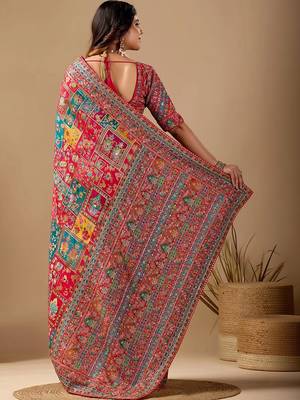 Red paisley embroidered silk blend designer banarasi saree 4