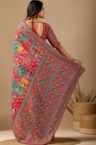 Red paisley embroidered silk blend designer banarasi saree