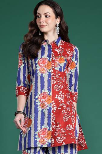 Multicolor printed cotton kurta trouser set