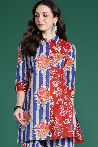 Multicolor printed cotton kurta trouser set