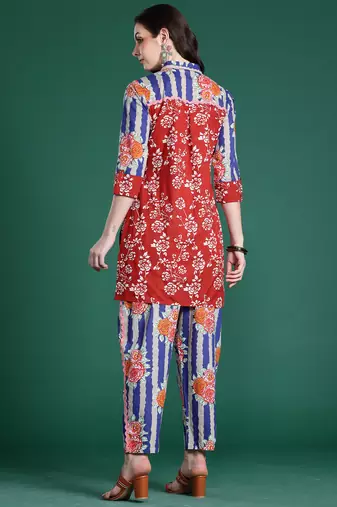 Multicolor printed cotton kurta trouser set