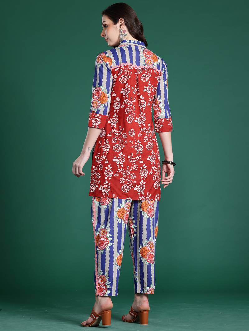 Multicolor printed cotton kurta trouser set