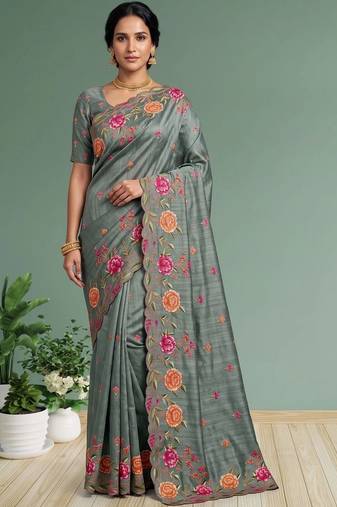 Grey floral embroidered silk blend designer saree