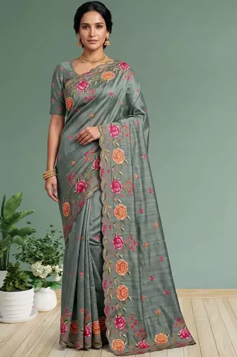 Grey floral embroidered silk blend designer saree